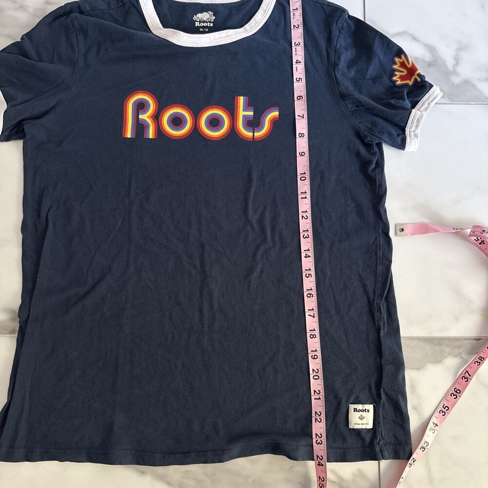 Roots Canada Womens Medium Navy Blue Ringer Tee Retro Rainbow Logo Maple Leaf - Picture 6 of 8